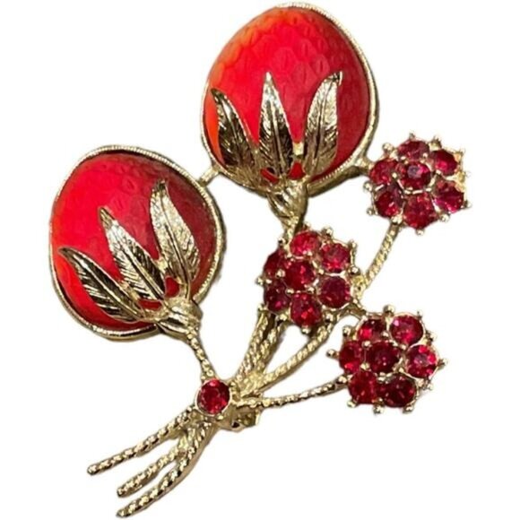 VTG Sarah Coventry Gold Tone Red Strawberry Frosted Glass Brooch Pin 1960's - Picture 1 of 7
